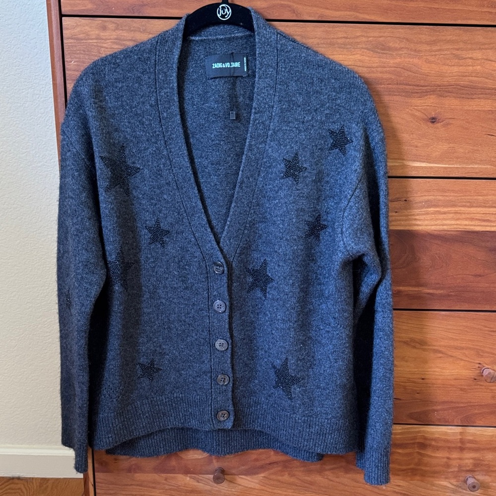 ZADIG & VOLITAIRE Mirka 100% Cashmere Gray Crystal Star Cardigan